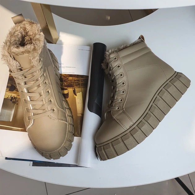 Женские зимние ботинки бежевые на платформе и шнуровке Fashion 38, A309б - изображение 7