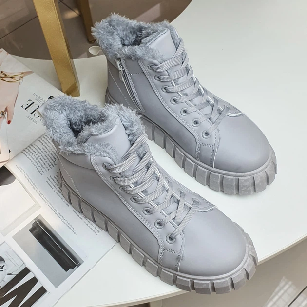 Женские зимние ботинки светло-серые на платформе и шнуровке Fashion 40, A312 свс - изображение 8