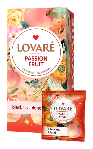 Упаковка цейлонского черного чая Lovare Фрукт страсти с фруктами, лепестками цветов и ароматом персика и маракуи 2 пачки по 24 пакетика (2000006781451) - изображение 2