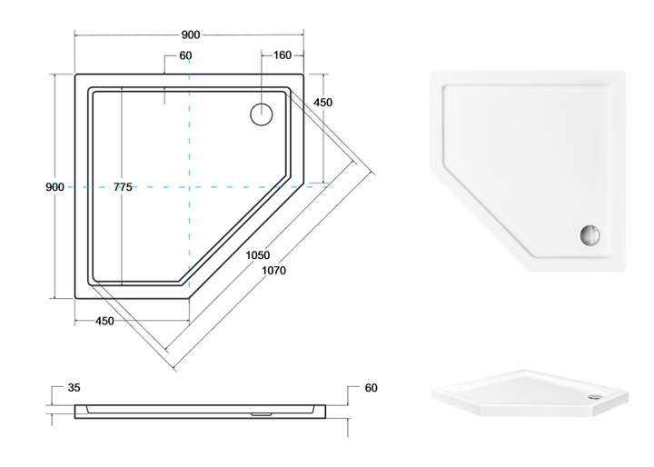Душовий асиметричний піддон Besco Bergo Slimline 90x90 см (AIN-90) - зображення 3