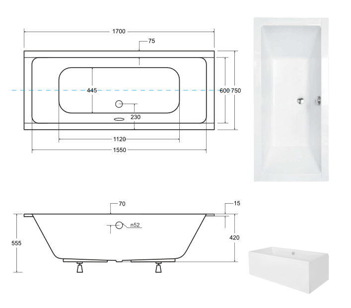 Ванна акрилова Besco Quadro Slim 170x75, пряма, торець бортика 15 мм (WAQ-170-SL) - изображение 3