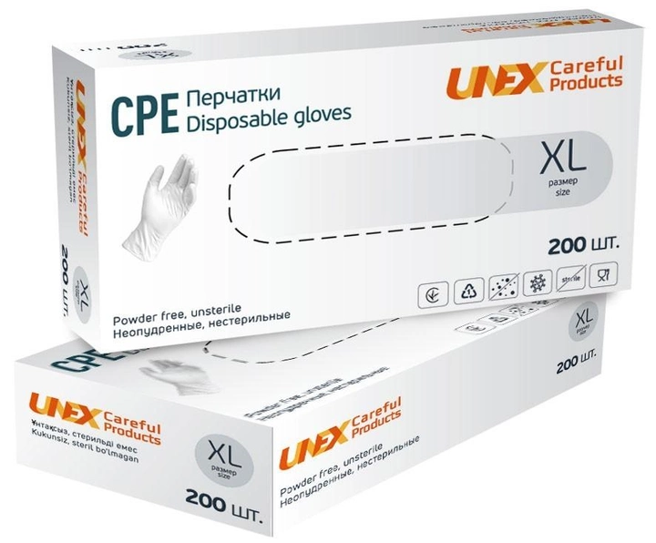 Перчатки CPE XL прозрачные UNEX неопудренные 200шт - изображение 1