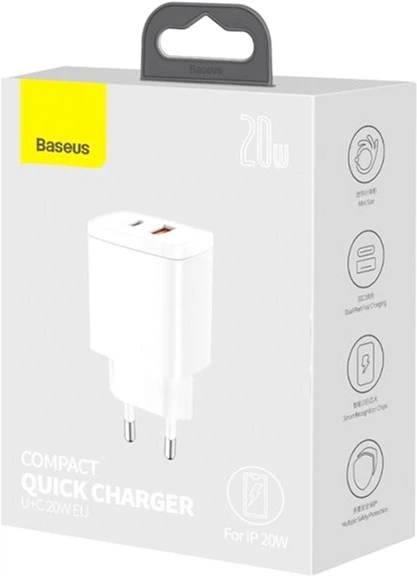 Ładowarka sieciowa Baseus Compact Quick Charger U+C 20 W EU White (CCXJ-B02) - obraz 3
