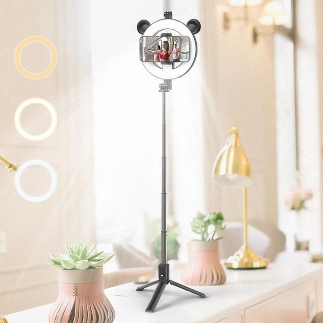 Кільцева лампа зі штативом триподом BOROFONE BY6 PerfectPic fill light live broadcast holder black - Фото 3 Кільцева лампа зі штативом триподом BOROFONE BY6 PerfectPic fill light live broadcast holder black - зображення 3