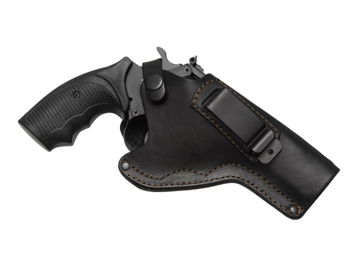 Кобура для Револьвера 4" поясная + скрытого внутрибрючного ношения с клипсой не формованная (кожаная, чёрная) - изображение 1