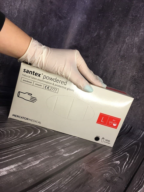 Перчатки латексные медицинские Santex Powdered L нестерильные опудренные 100 шт белые - изображение 1