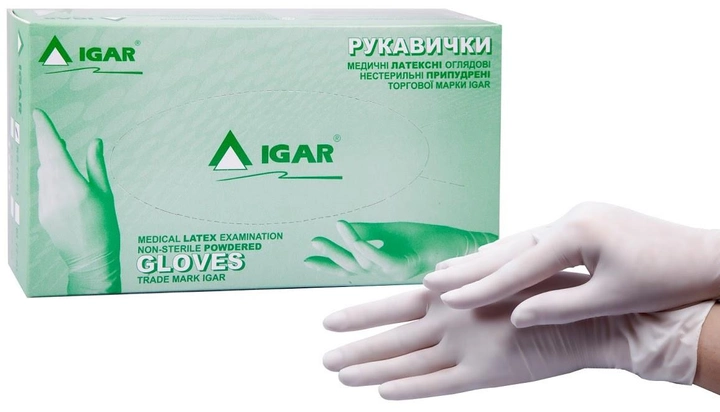 Перчатки медицинские латексные смотровые нестерильные опудренные IGAR (белые) 100шт S - изображение 1