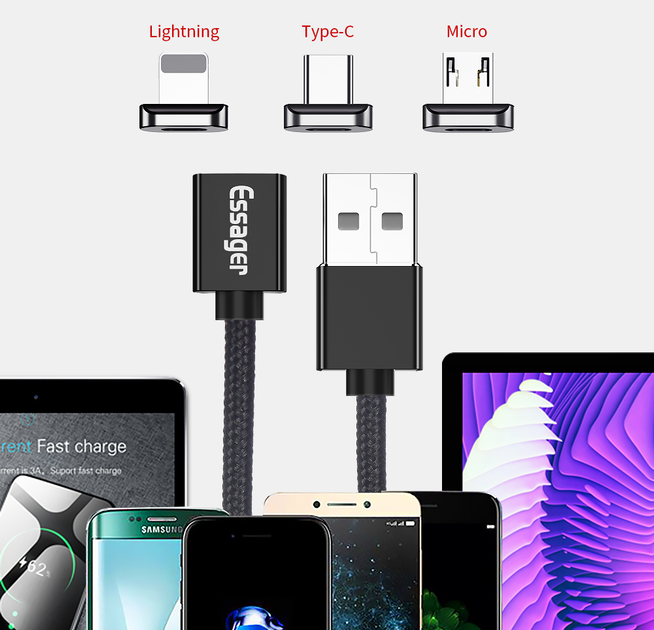Магнитный кабель красный ESSAGER (micro USB, Type-C, Lightning) 1метр - Фото 4 Магнитный кабель красный ESSAGER (micro USB, Type-C, Lightning) 1метр - изображение 4