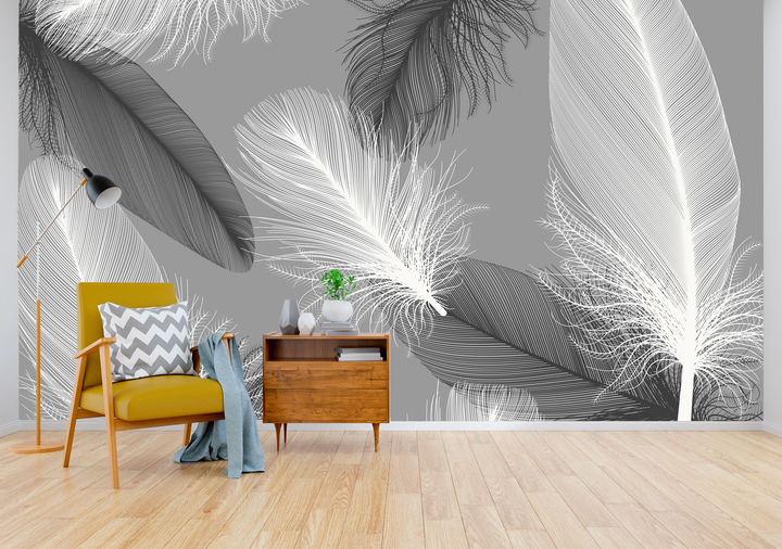 Виниловые Фотообои Walldeco Черно-белые перья 200x130 Мелкий песок с ...