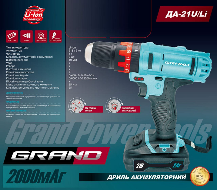 Шуруповерт акумуляторний Grand ТАК-21U/Li(2 акумулятори, ударний) - Фото 3 Шуруповерт акумуляторний Grand ТАК-21U/Li(2 акумулятори, ударний) - зображення 3