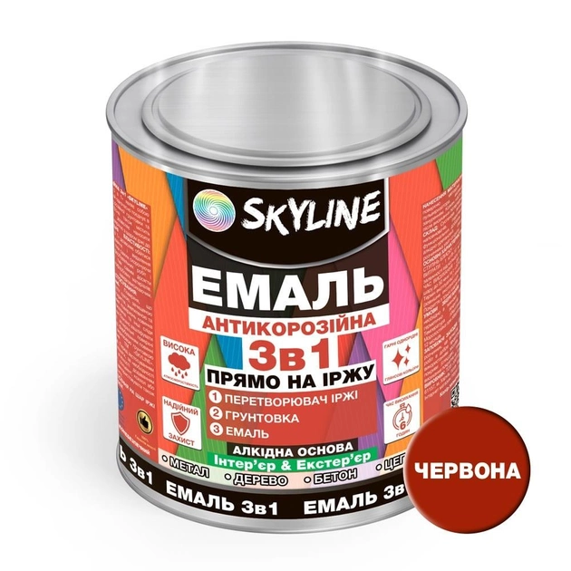 Эмаль алкидная 3 в 1 по ржавчине антикоррозионная «Skyline» Красный 0.9 кг - изображение 2