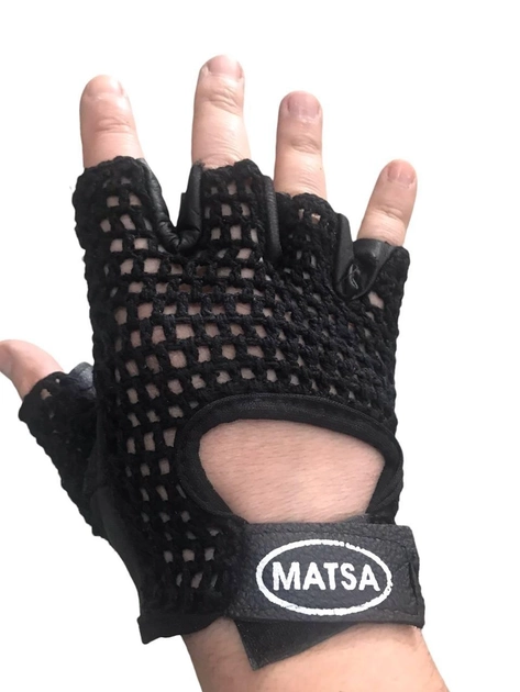 Рукавички без пальців, тактичні рукавички без пальців зі шкіри+сiтка (пара), колір чорний - зображення 1