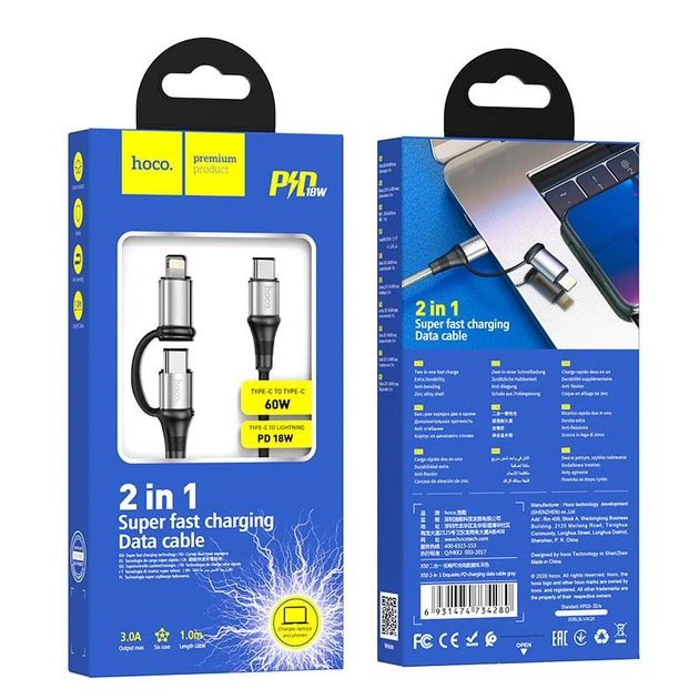 USB кабель для ноутбука та iPhone 2-in-1 HOCO X50 Combo Type-C to Type-C/Lightning (1m, 3A, 60W) - Фото 5 USB кабель для ноутбука та iPhone 2-in-1 HOCO X50 Combo Type-C to Type-C/Lightning (1m, 3A, 60W) - зображення 5