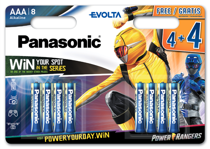 Батарейки Panasonic Evolta щелочные AAA блистер, 8 шт Power Rangers (LR03EGE/8B4FPR) - Фото 1 Батарейки Panasonic Evolta щелочные AAA блистер, 8 шт Power Rangers (LR03EGE/8B4FPR) - изображение 1