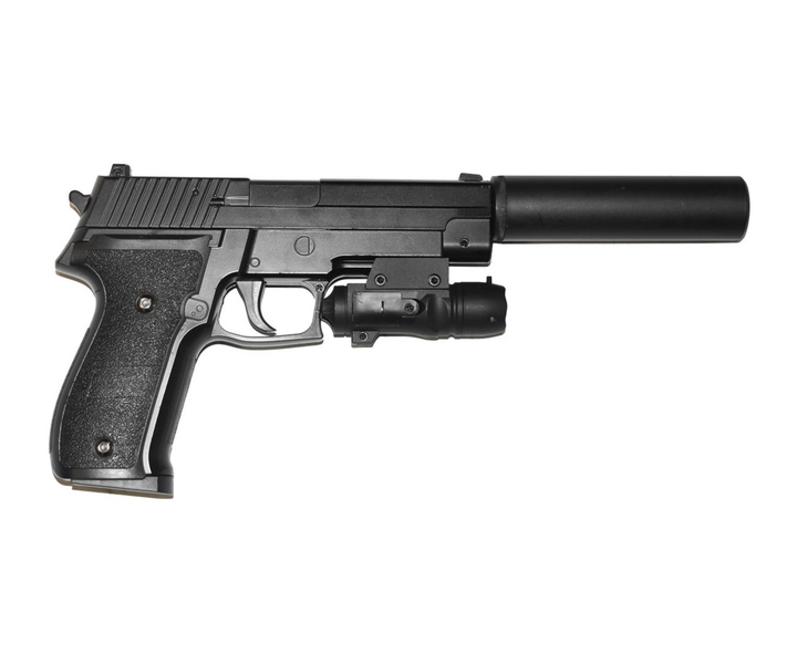 Спринговый пистолет Galaxy Sig Sauer 226 с глушителем и лазерным прицелом на пульках BB 6 мм металлический - изображение 2