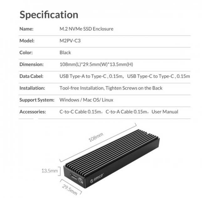 Внешний карман Orico M2PV-C3 для NVMe (PCIe) M2 SSD USB 3.1 Gen 2 Type-C - Фото 9 Внешний карман Orico M2PV-C3 для NVMe (PCIe) M2 SSD USB 3.1 Gen 2 Type-C - изображение 9