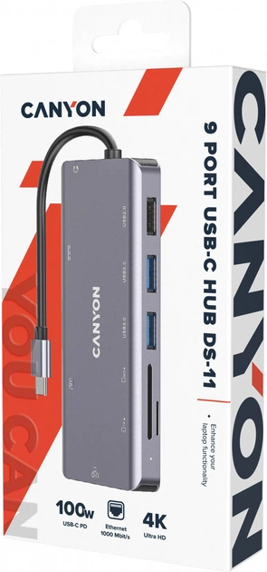 USB-хаб Canyon 9 port USB-C Hub DS-11 Grey (CNS-TDS11) - зображення 6