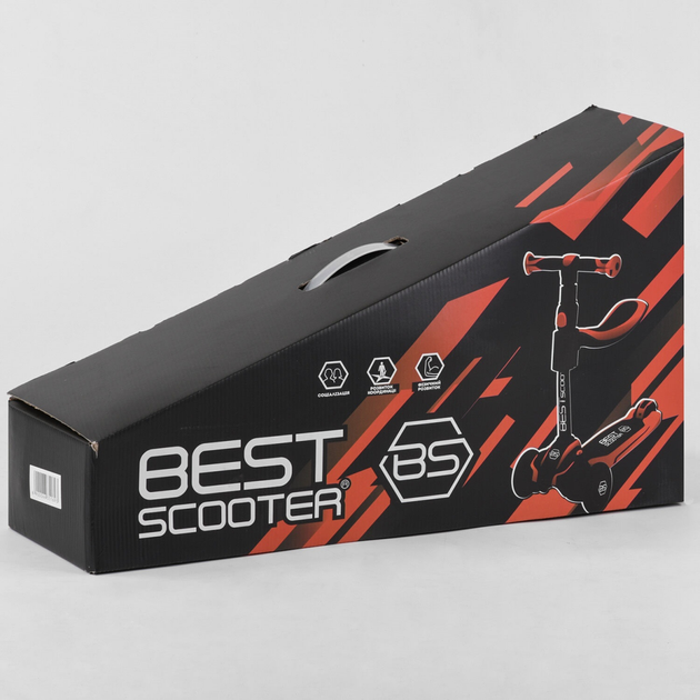 Детский трехколесный самокат-беговел Best Scooter JS-10711 с сиденьем и светящимися колесами, Черно-красный 
