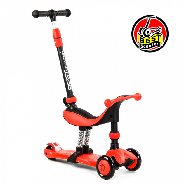 Детский трехколесный самокат-велобег Best Scooter BS-71899 3 в 1 с родительской ручкой и сиденьем с амортизаторами, Красный 