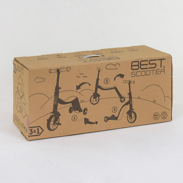 Детский трехколесный самокат-велобег-велосипед Best Scooter JT 90601 3 в 1 с музыкой и подсветкой, Серо-розовый 