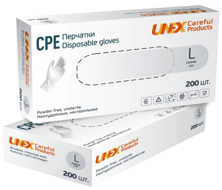 Рукавички CPE L прозорі Unex неопудрені 200 шт/уп. - зображення 1