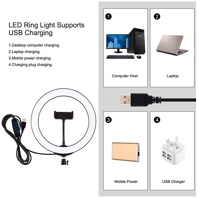 Кільцева USB LED-лампа Puluz PKT3035 10" + штатив 1.1 м - зображення 3