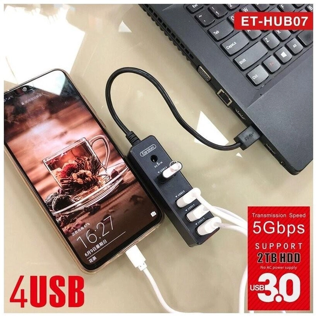 Хаб-переходник 4 в 1 Earldom ET-HUB07 (USB 4, USB 3.0, USB 2.0, пластик) - Черный - изображение 3