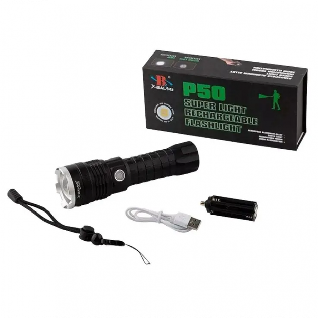Ручний світлодіодний акумуляторний ліхтар Bailong BL-A72-P50 переносний 18 Вт з USB заряджанням оптичним зумом та металевим корпусом + ремінець - зображення 7