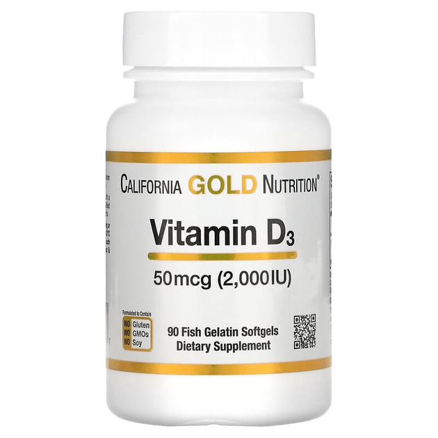 Вітамін D3, California Gold Nutrition, 50 мкг (2000 МО), 90 капсул з риб'ячого желатину - зображення 1