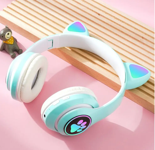 Детские беспроводные наушники с кошачьими ушками и подсветкой Cat VZV-23M / Bluetooth наушники с микрофоном Бирюза - изображение 5