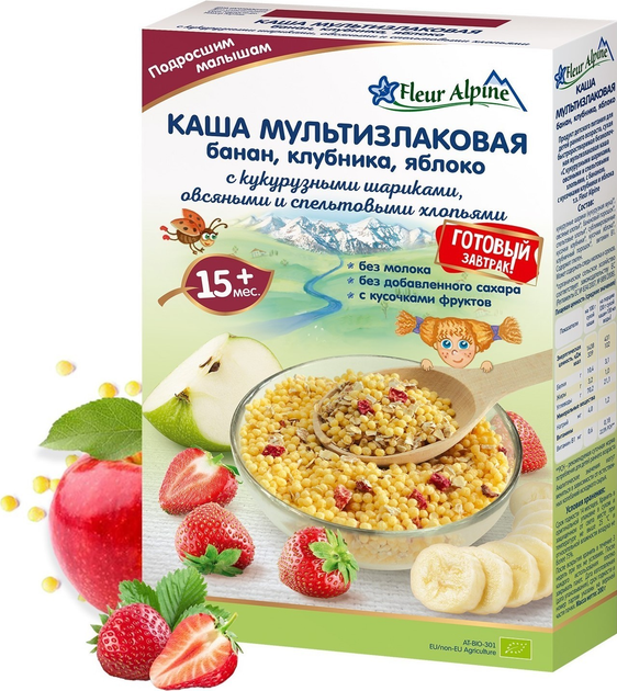 Безмолочна Мультизлакова органічна каша Fleur Alpine з бананом, зі шматочками полуниці та яблука 200 г (9010004508168) - зображення 2