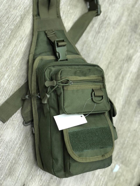 Тактическая нагрудная сумка с кобурой, много отделений, прочная и многофункциональная с липучкой Олива Хаки - изображение 1