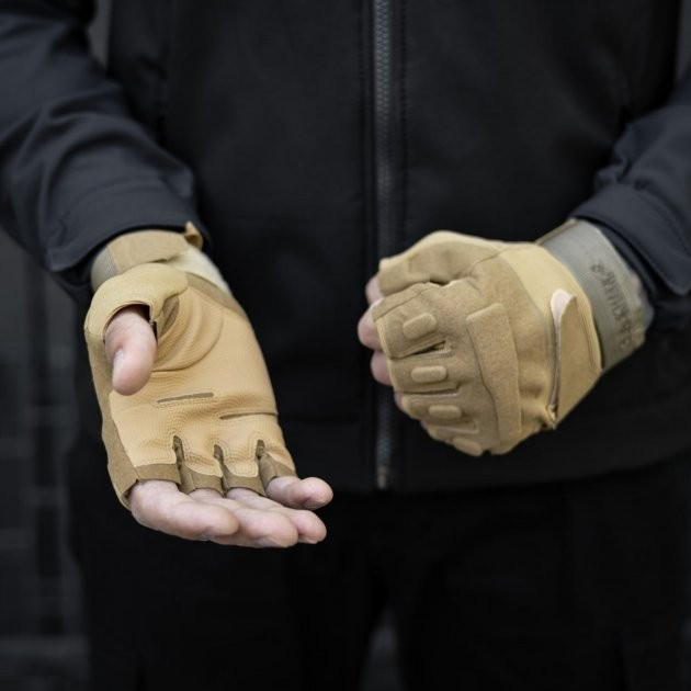 Тактические перчатки без пальцев HIMARS цвет бежевый Tactical Gloves PRO beige для ЗСУ ТРО ССО размер L - изображение 1