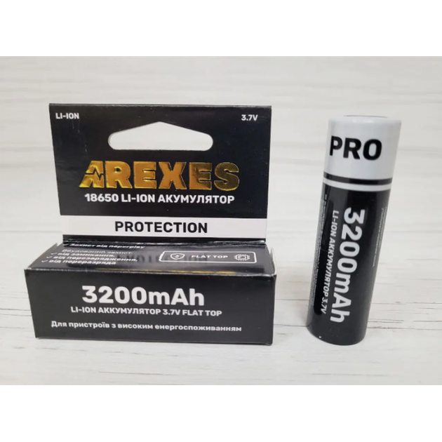 Литий-ионный аккумулятор Arexes 18650 Li-Ion 3200 mAh, 3.7V для приборов с высоким энергопотреблением защита Чёрный - Фото 1 Литий-ионный аккумулятор Arexes 18650 Li-Ion 3200 mAh, 3.7V для приборов с высоким энергопотреблением защита Чёрный - изображение 1