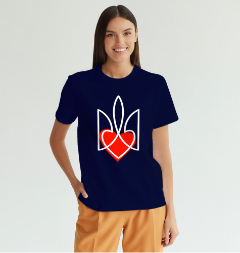 Женская футболка патриотическая с принтом Сердце Тризуб XL темно-синяя 