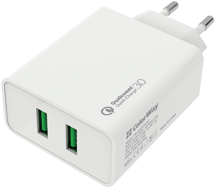 Сетевое зарядное устройство ColorWay 2 USB Quick Charge 3.0 (36W) White (CW-CHS017Q-WT) - изображение 1