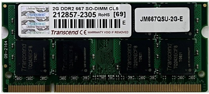 Оперативная память Transcend SoDimm 2Gb DDR2 667MHz PC2 5300 CL5 212857 ...
