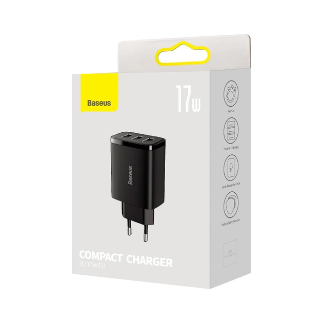 Сетевое зарядное устройство Baseus Compact Charger 3U на 17W (CCXJ020101) Black - изображение 6