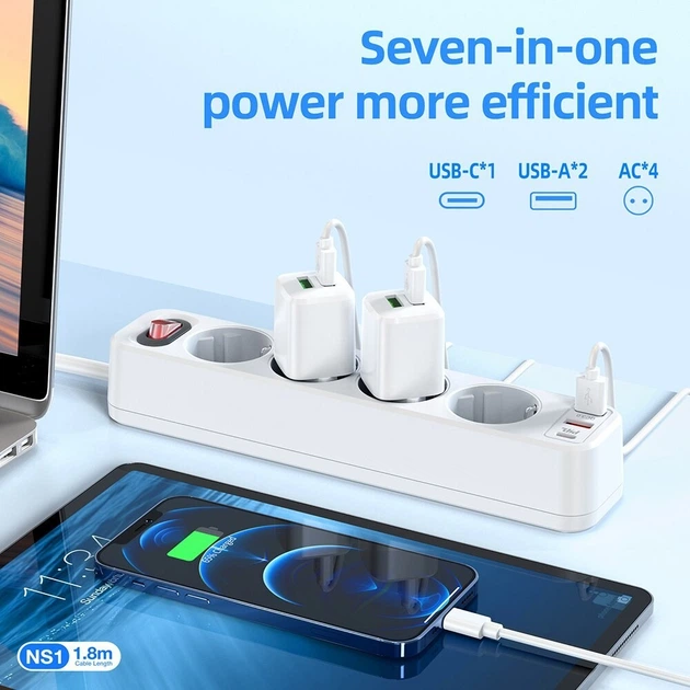 Мережевий подовжувач фільтр HOCO Aura 4-bit NS1 | 2USB/1Type-C, 4 Розетки, 4000W, 20W/3A, PD/QC, 1.8m | White - зображення 7