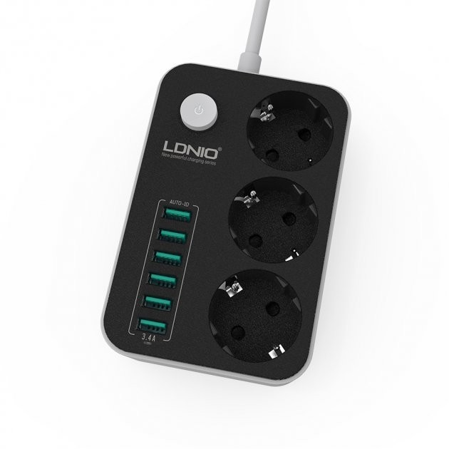 Сетевой фильтр-удлинитель с подсветкой LDNIO SE3631 (6USB, 3 Розетки ...