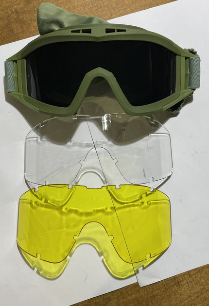 Тактические очки маска с сменными фильтрами (3шт) панорамные вентилируемые цвет зеленый олива - изображение 1