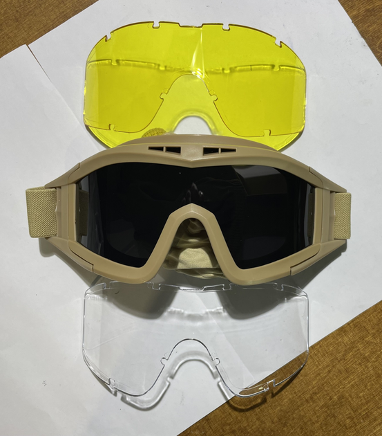 Тактичні окуляри маска з змінними фільтрами(3шт) панорамні з вентиляцією. Колір пісок (койот) - зображення 1