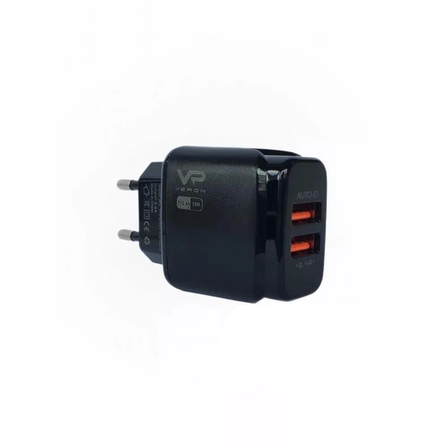 Мережевий зарядний пристрій Veron C12 Dual USB 12W чорний - зображення 1
