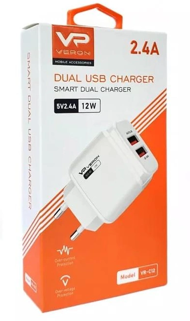 Мережевий зарядний пристрій Veron C12 Dual USB 12W білий - зображення 2
