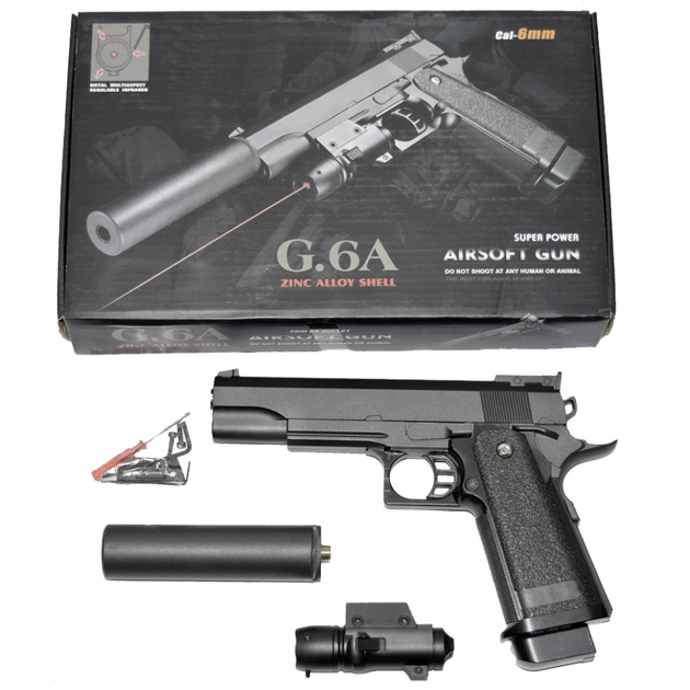 G6A Страйкбольный пистолет Galaxy Colt M1911 Hi-Capa с глушителем и прицелом металл черный - изображение 1