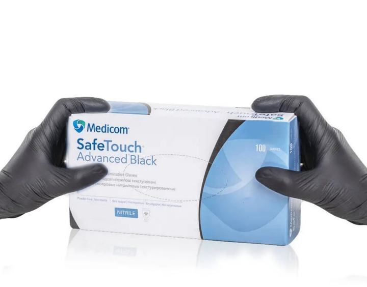 Нітрилові рукавиці Medicom SafeTouch Advanced Black без пудрі текстуровані розмір L 100 шт. Чорні (3.3 г) - зображення 1
