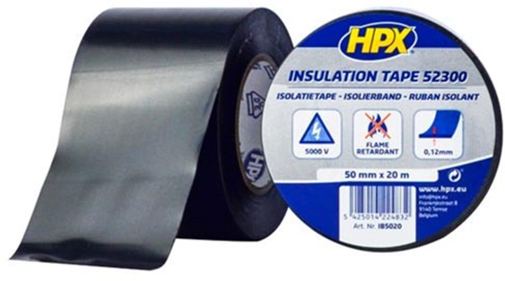 Широкая изоляционная лента HPX 52300 ПВХ 50 мм х 20 м, толщина 0.12 мм Черная (IB5020) - изображение 1