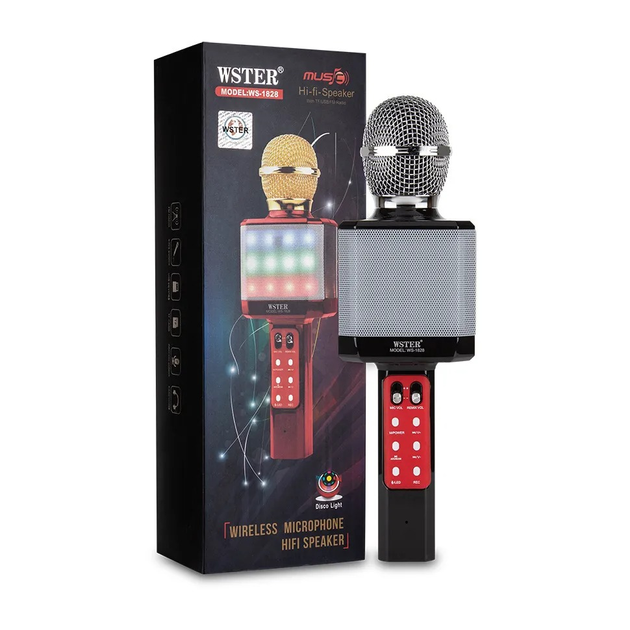 Караоке микрофон WSTER WS-1828 Black с функцией изменения голоса|FM радио, USB, TF Card, AUX| Функция записи и LED подсветка - изображение 5
