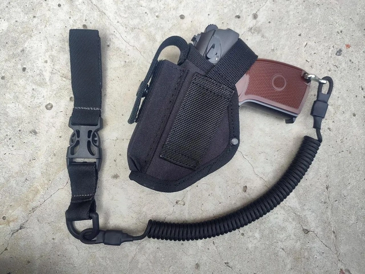 Кобура поясная с подсумком под магазин для пистолета макарова ПМ черная+шнур страховочный (тренчик) быстрый съём 990 - изображение 2