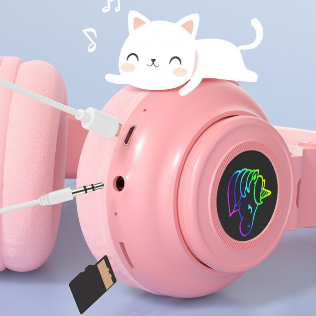 Беспроводные наушники Единорог с кошачьими Ушками Cat STN-27 Bluetooth с микрофоном и MP3 плеером LED RGB подсветка + слот для SD-карты (Розовые) Pink - изображение 6